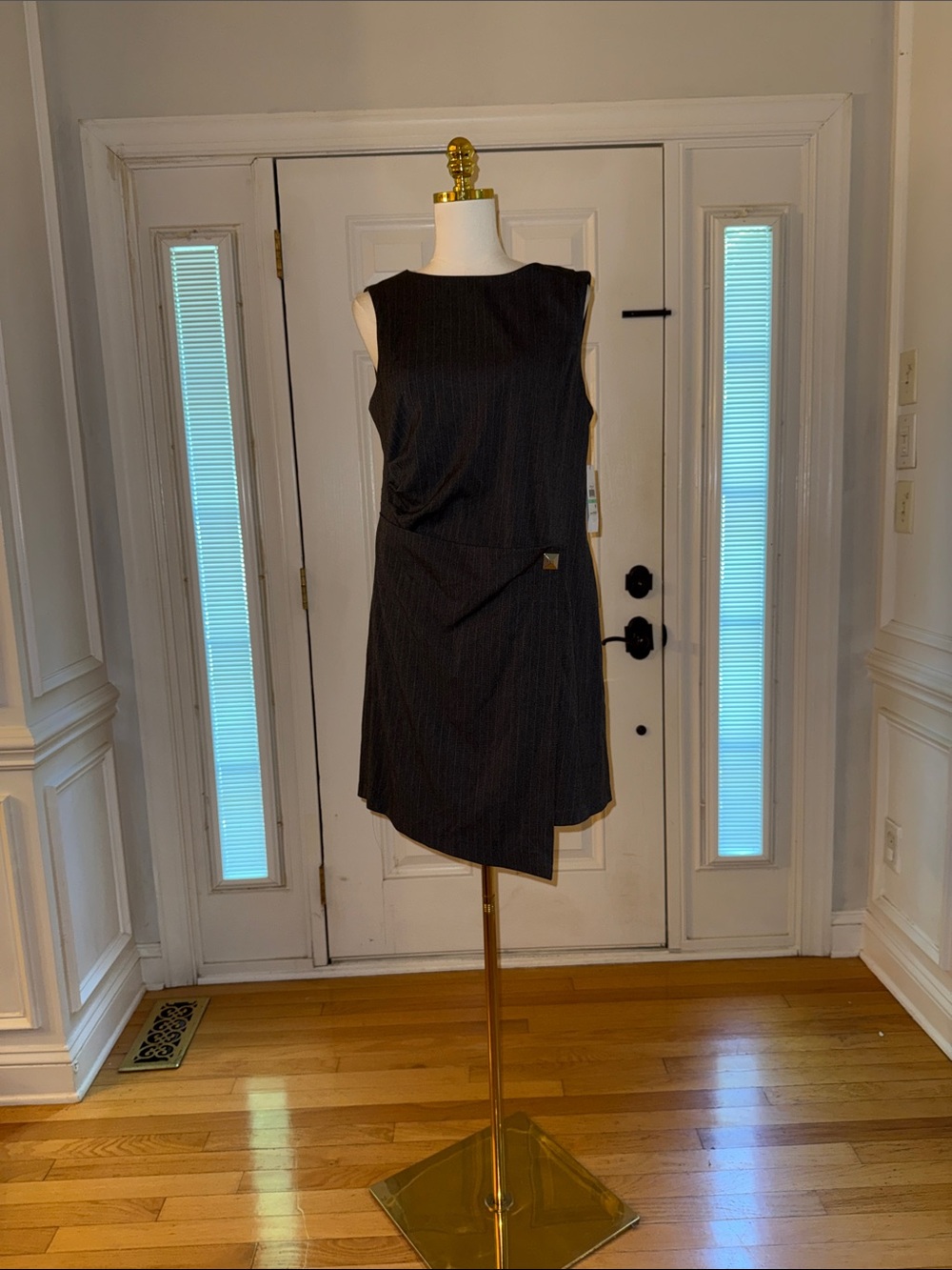 DKNY Charcoal Grey Pinstripe Asymmetrical Sheath Dress